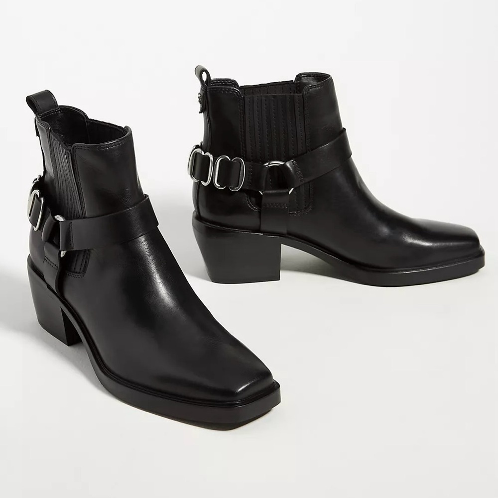 Sam Edelman Black Leather Harness Ankle Boots | Chelsea Western Moto Booties NEW